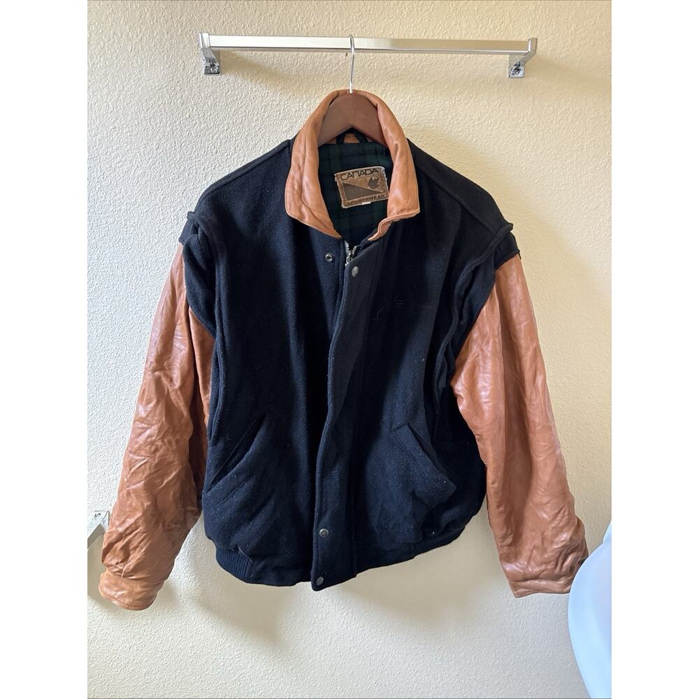 Men's Bomber Jacket Black Wool Black Tan Leather Sleeves
